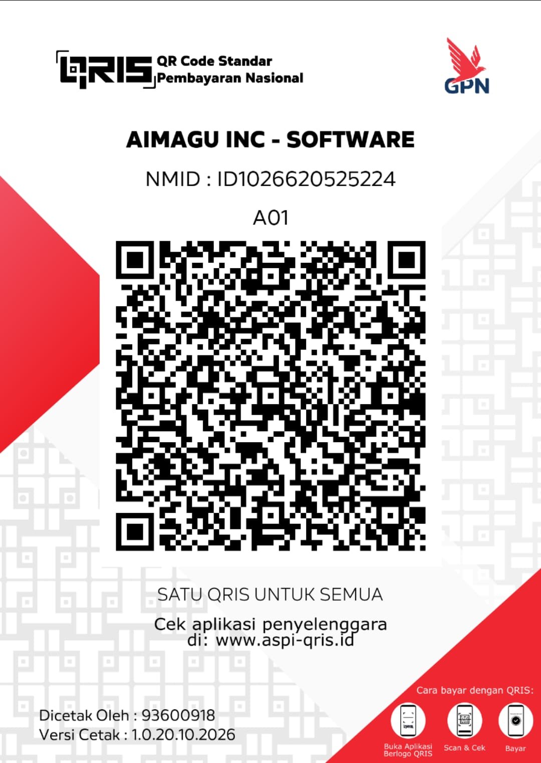 QRIS donasi AIMAGU INC - SOFTWARE, NMID ID1026620525224